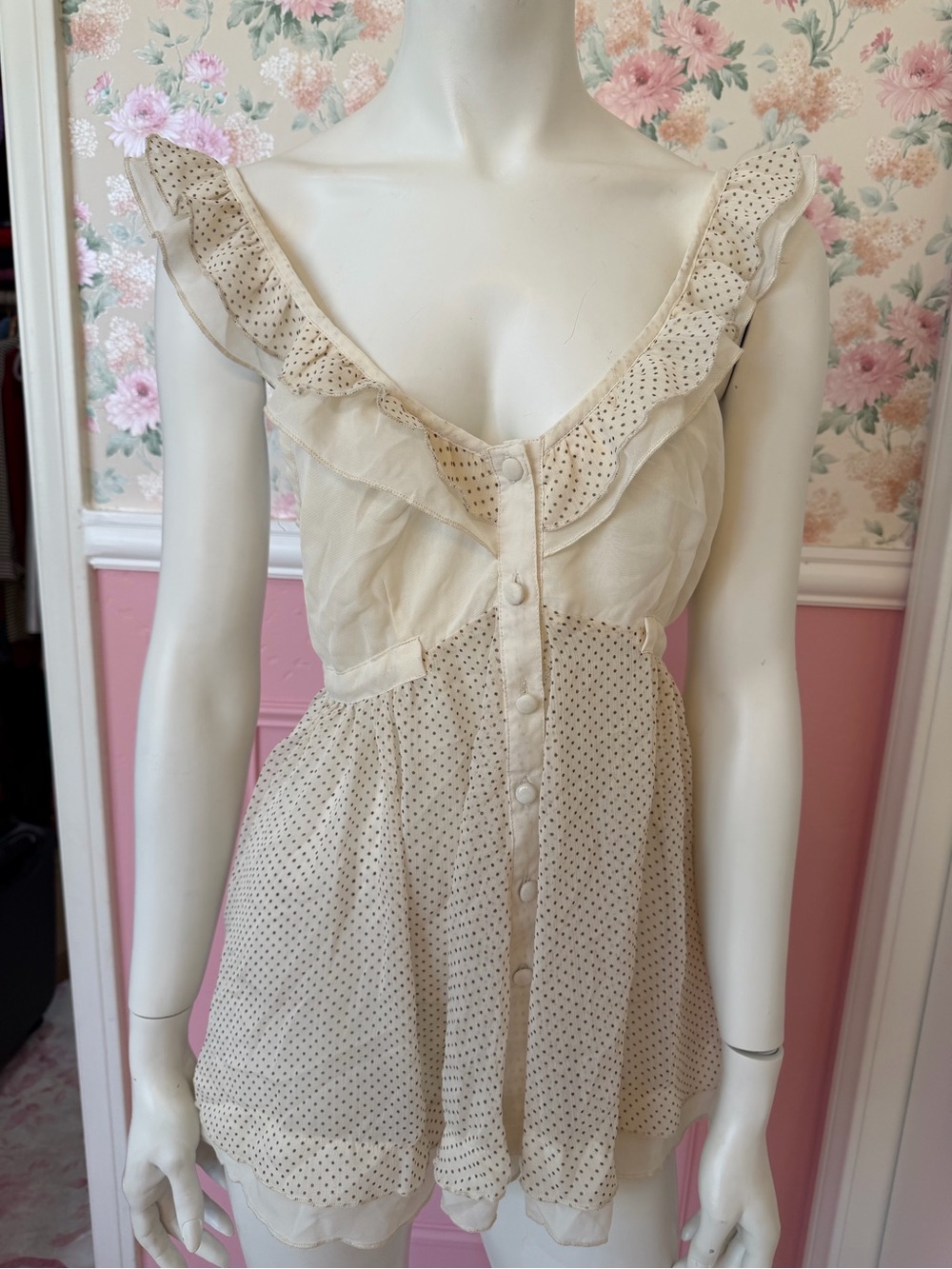 Y2K Cream Polka Dot Ruffle Front Button Women's Top